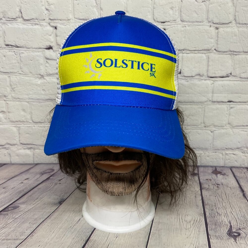Marathon Trucker Hat Mesh Cap Snapback Blue Yellow White Solstice 5K Running